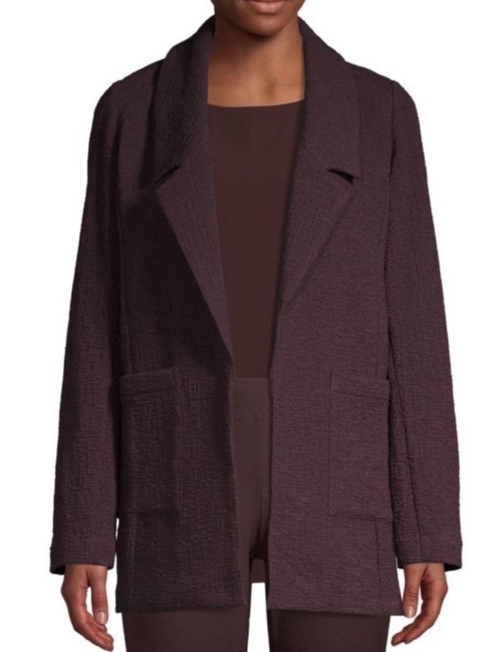Eileen Fisher Textured Open-Front Blazer burgundy Notched Collar‎ Jacket